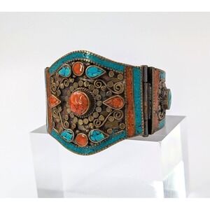 VTG Tibetan Hinged Bracelet Gold Tone Blue Orange Inlay Ornate Southwestern